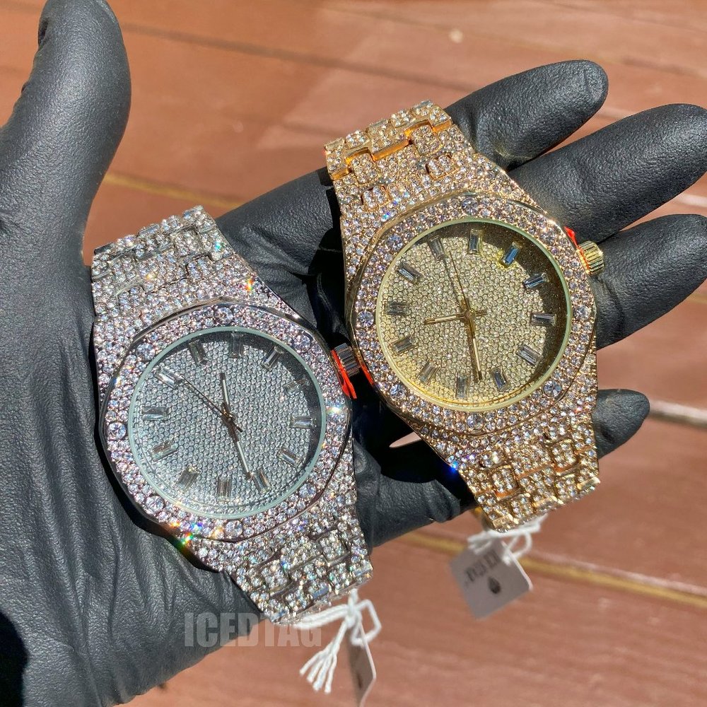 Iced Bling Out Gold/ White Gold Plated Hip Hop Luxury Gift Mens Diamond Watch